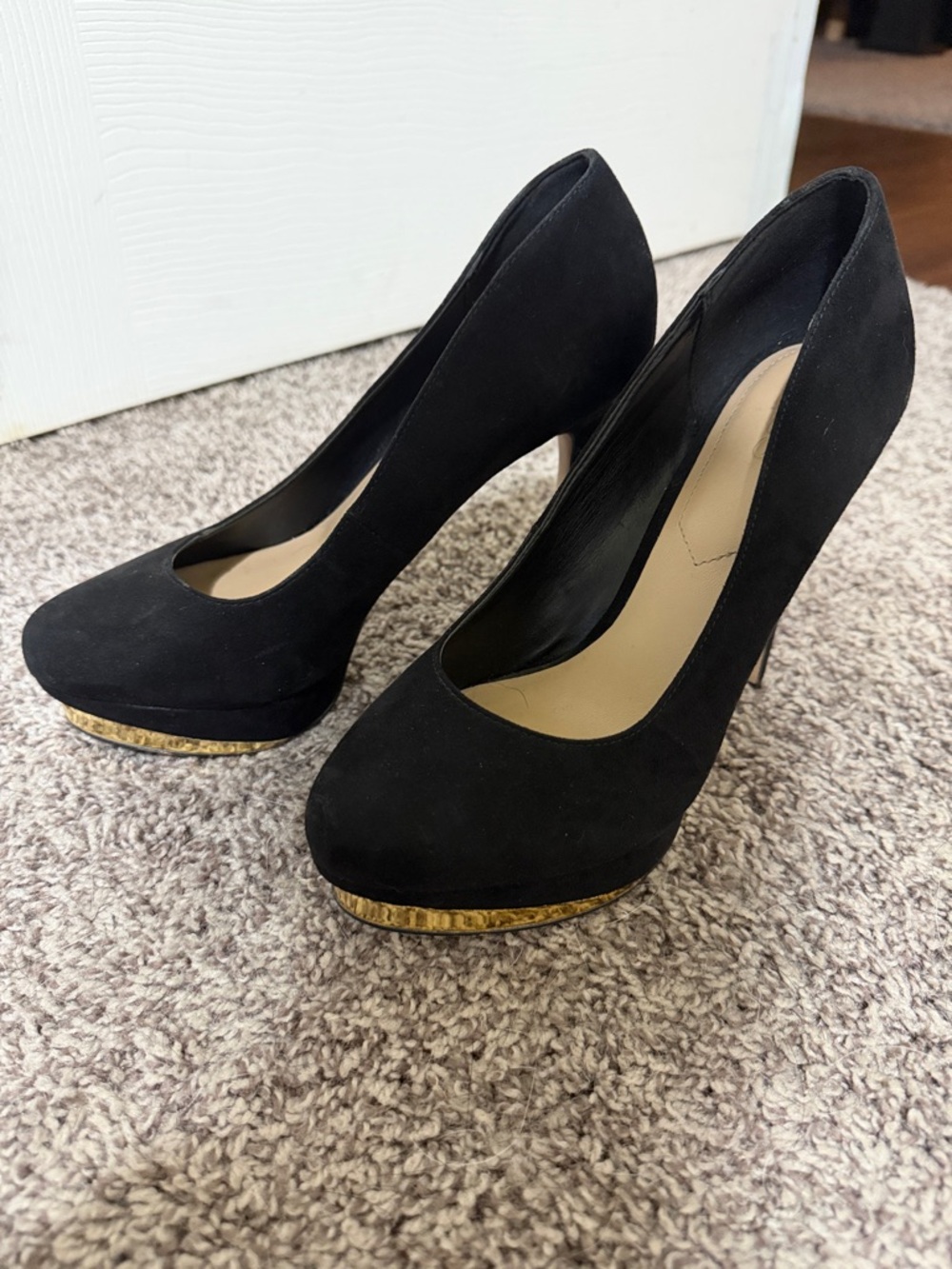 Aldo Black Suede Platform Pumps with Gold Trim